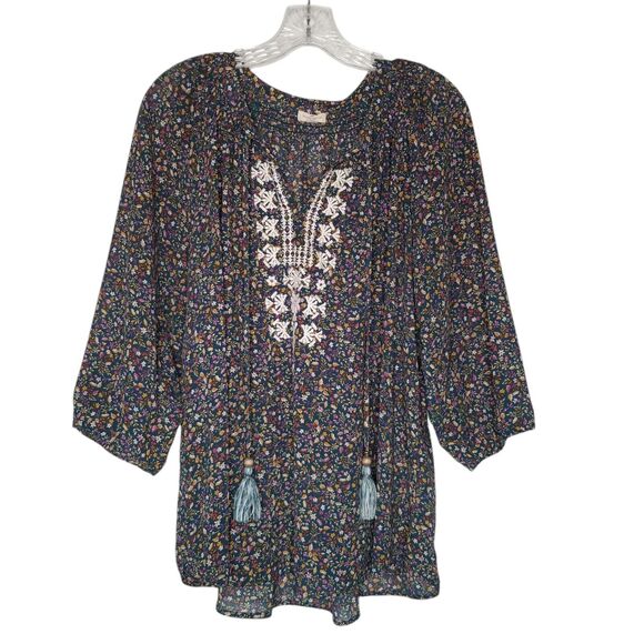 Mason & Belle Floral Boho Peasant Top Plus Size 1X Embroidered Tassel Tie - Picture 1 of 10